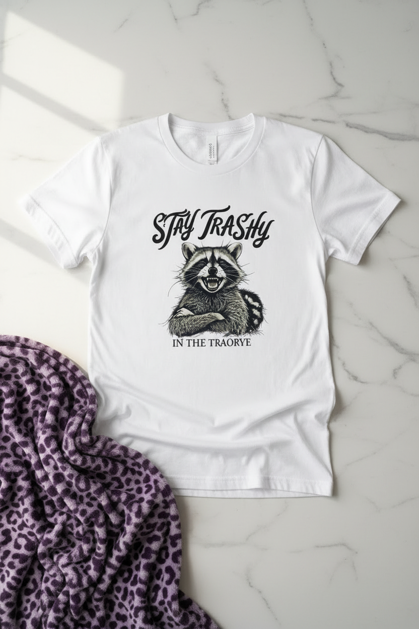 Stay Trashy Raccoon T-Shirt shown in a casual lifestyle mockup