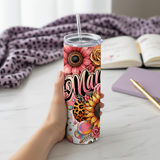 Mama Handmade Gift-Ready 20 oz Stainless Steel Tumbler showing mama tumbler 20 oz leopard sunflower mom gift artwork with iced coffee for moms, 20 oz mom tumbler, floral cheetah