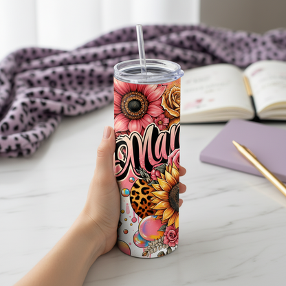 Mama Handmade Gift-Ready 20 oz Stainless Steel Tumbler showing mama tumbler 20 oz leopard sunflower mom gift artwork with iced coffee for moms, 20 oz mom tumbler, floral cheetah