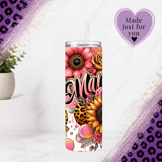 Mama Tumbler 20 Oz Leopard Sunflower Pink Floral Skinny Stainless Steel Tumbler With Lid And Straw For Mom Gift Idea with floral design