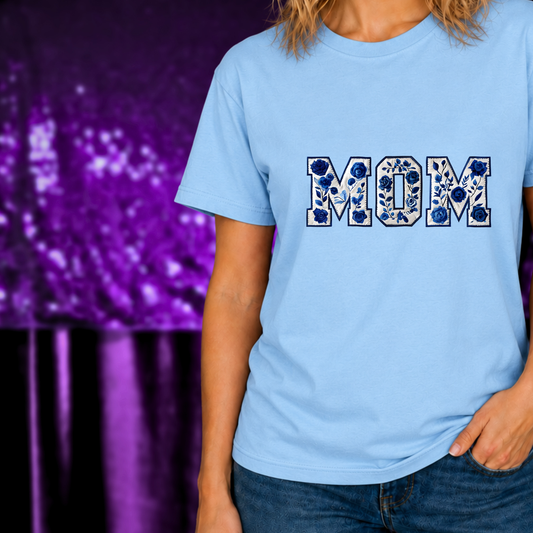 Blue Floral Mom T-Shirt | Chinoiserie Style Tee | Mother’s Day Gift Shirt with decorative blue floral MOM design on light blue cotton tee