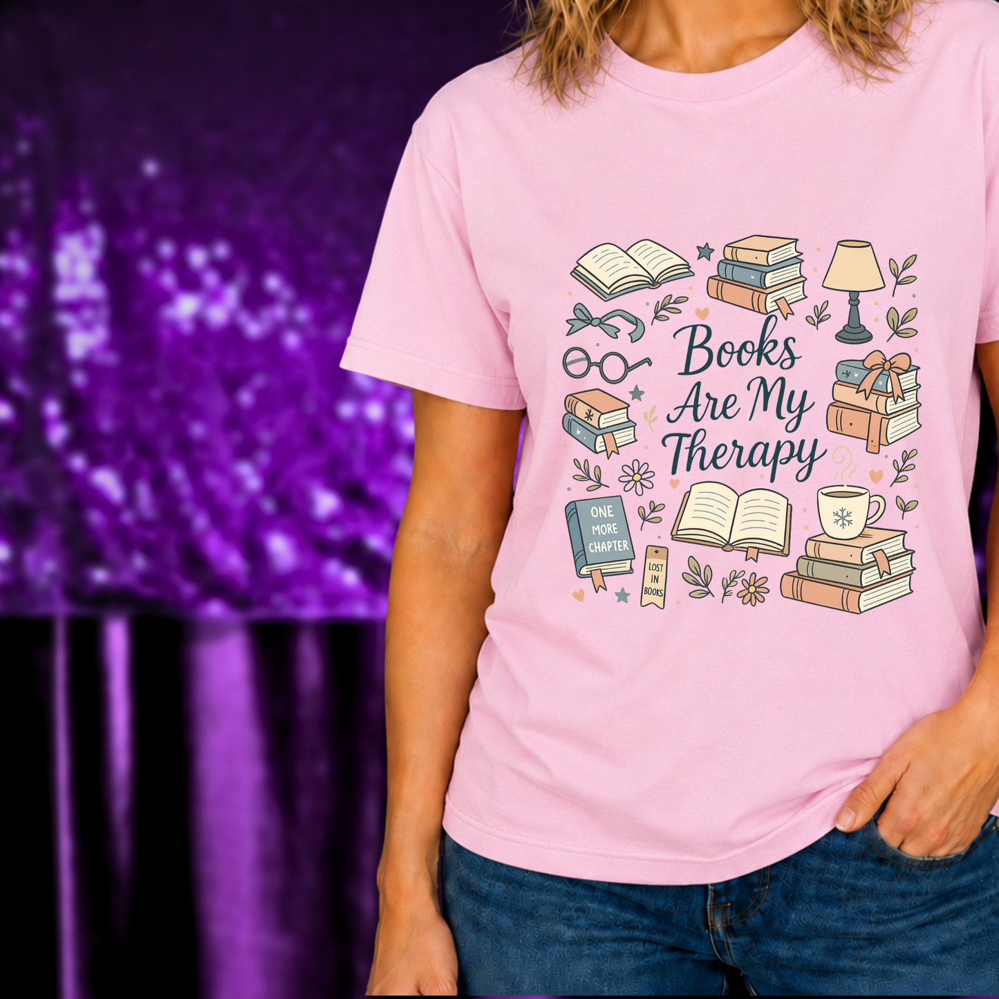 Books Are My Therapy T-Shirt | Cozy Reader Tee | Book Stack Graphic Shirt with stacks of books and cozy reading items on pink tee