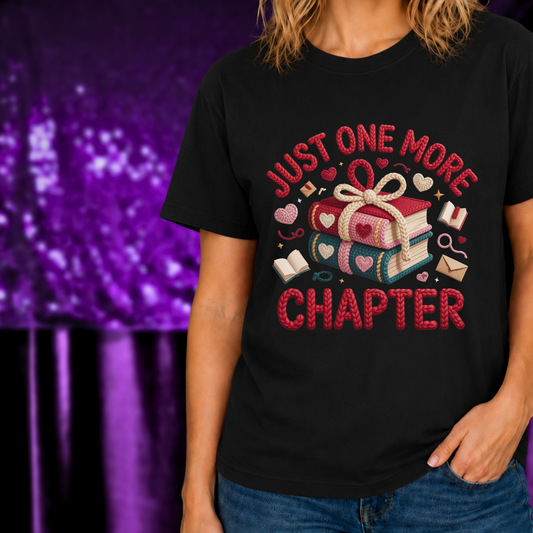 Just One More Chapter T-Shirt | Book Lover Reading Tee | Cozy Reader Shirt with stacked books and heart designs on black tee