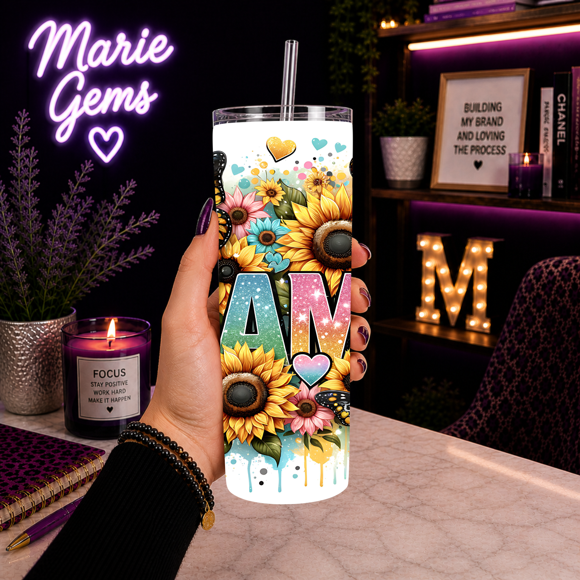 Hand holding Mama 20oz Sunflower Tumbler Stainless Steel Cup Handmade Glitter Butterfly Drinkware Mothers Day Gift For Her