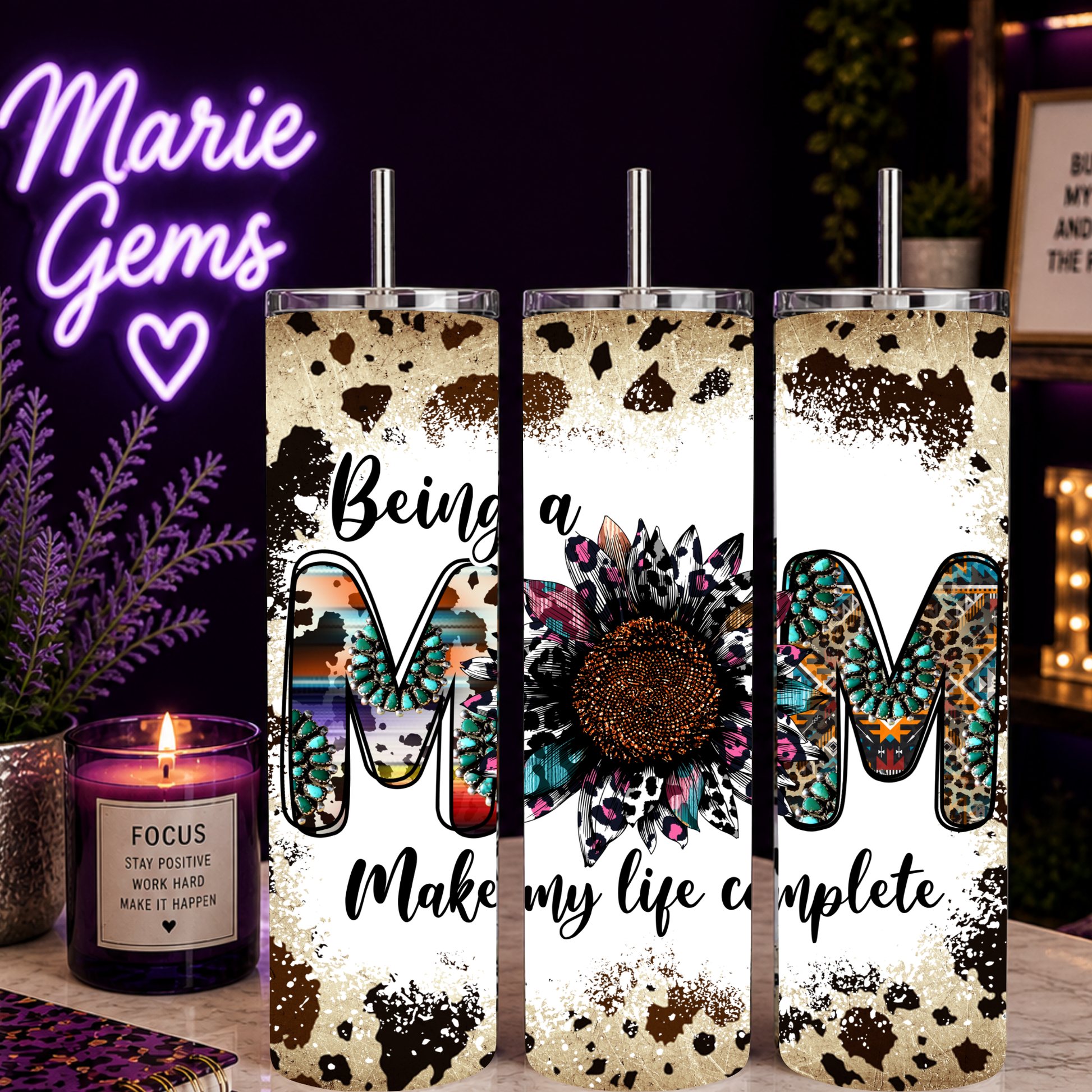 Western Mom 20oz Tumbler Cowhide Sunflower Travel Mug Boho Country Gift For Her Being A Mom Makes My Life Complete with floral and leopard print design