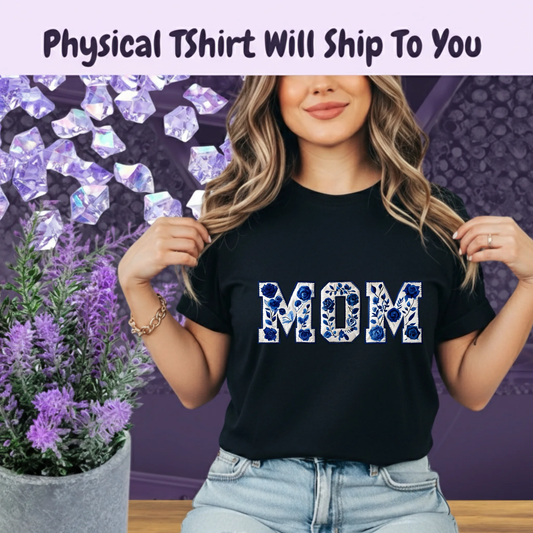 Blue Floral MOM T Shirt Chinoiserie Style Mothers Day Gift Tee For Moms And Families by Marie Gems