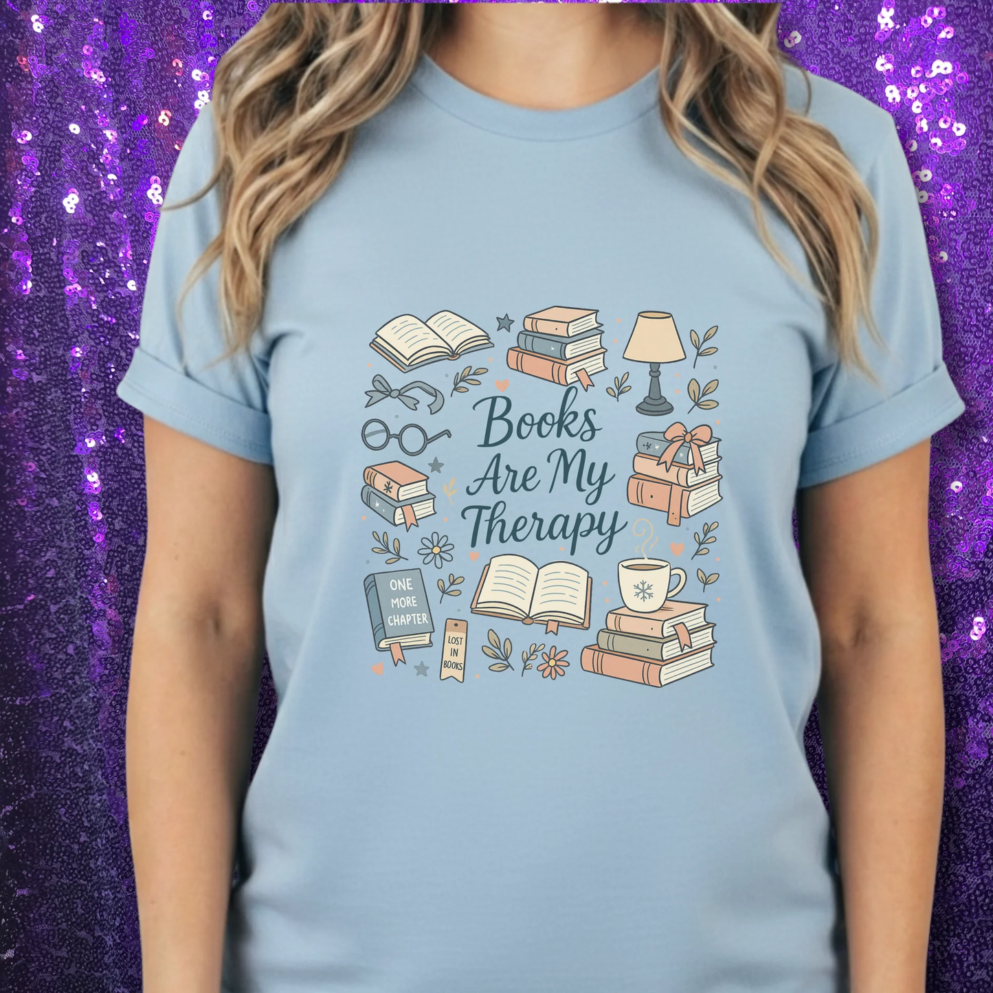 Books Are My Therapy T-Shirt — Cozy Reader Tee with Book Stack & Mug Design by Marie Gems
