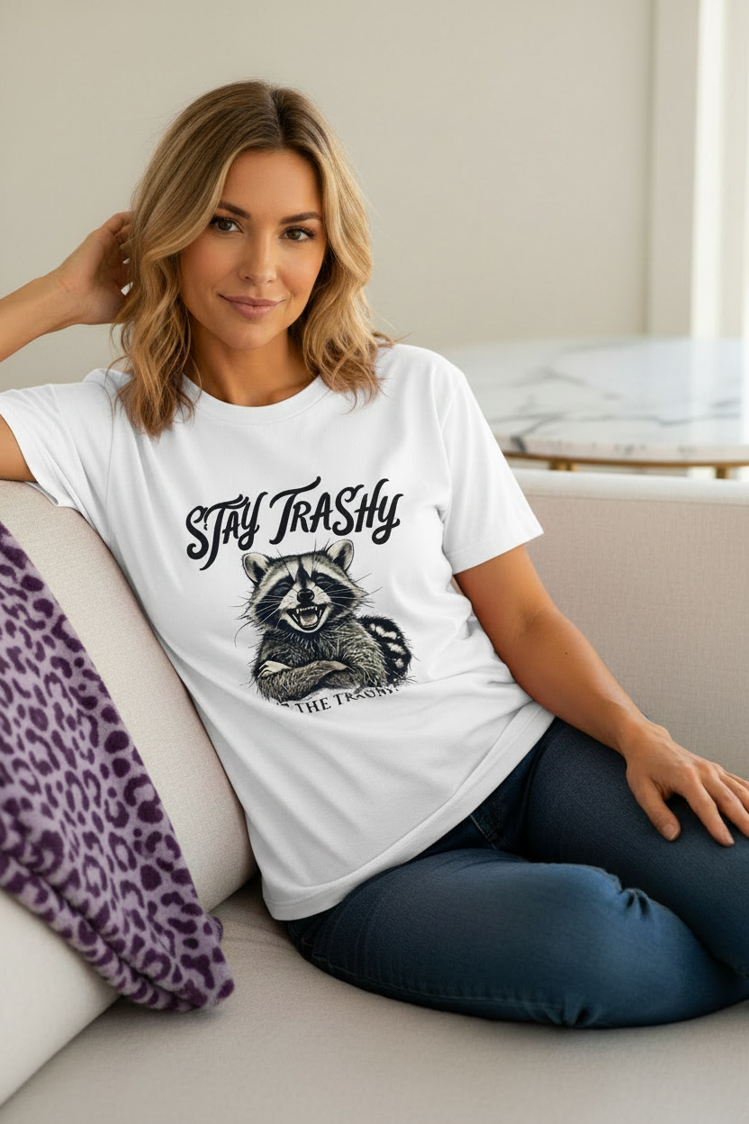 Stay Trashy Raccoon T-Shirt shown in a front graphic design view