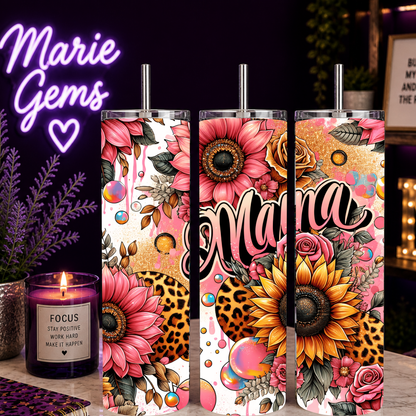 Mama Handmade Gift-Ready 20 oz Stainless Steel Tumbler showing mama tumbler 20 oz leopard sunflower mom gift artwork with iced coffee for moms, 20 oz mom tumbler, floral cheetah