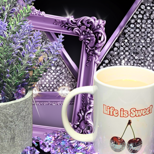 Sweet Life Cherry Coffee Mug featuring cherry design and "Life is Sweet" text next to purple decorative frame and lavender plant.