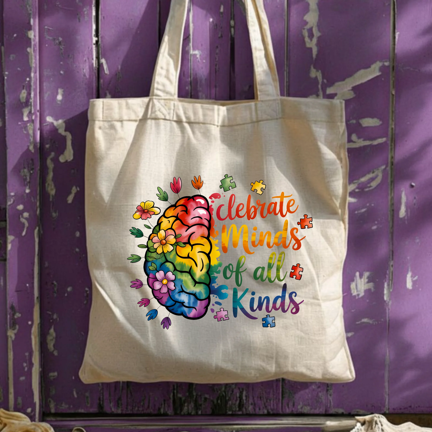 Autism Awareness Tote Bag, Celebrate Minds of All Kinds, Neurodiversity Brain Canvas Bag, Teacher Appreciation Gift, Neurodivergent Pride by Printify