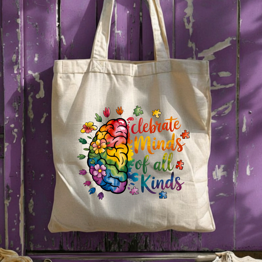 Autism Awareness Tote Bag, Celebrate Minds of All Kinds, Neurodiversity Brain Canvas Bag, Teacher Appreciation Gift, Neurodivergent Pride by Printify