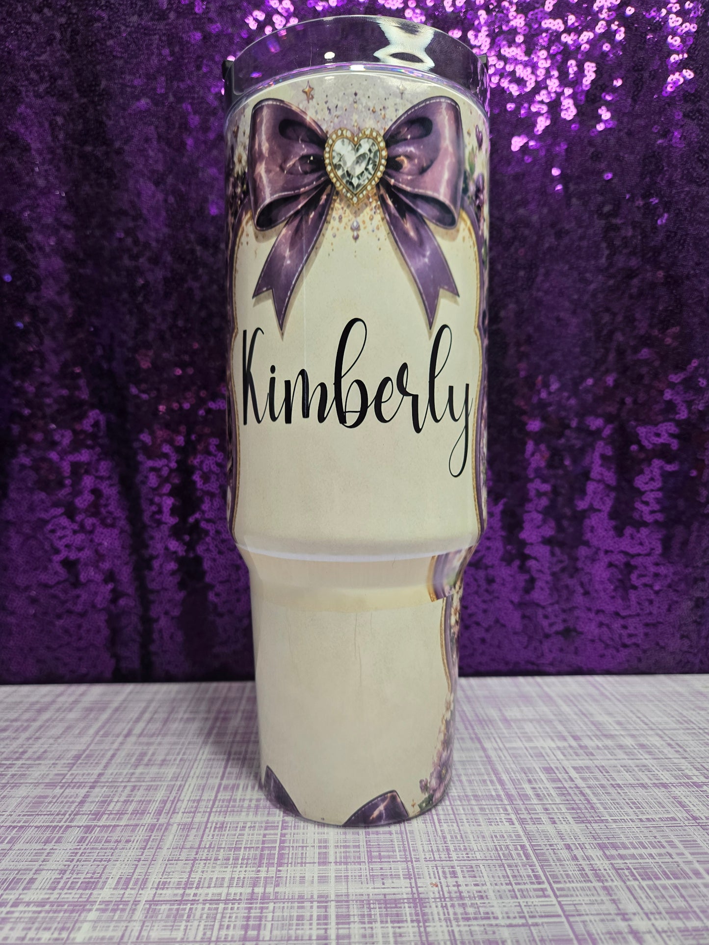 Custom 40oz Tumbler With Handle Personalized Stainless Steel Travel Mug Sublimation Drinkware Your Design Gift For Her with purple bow design