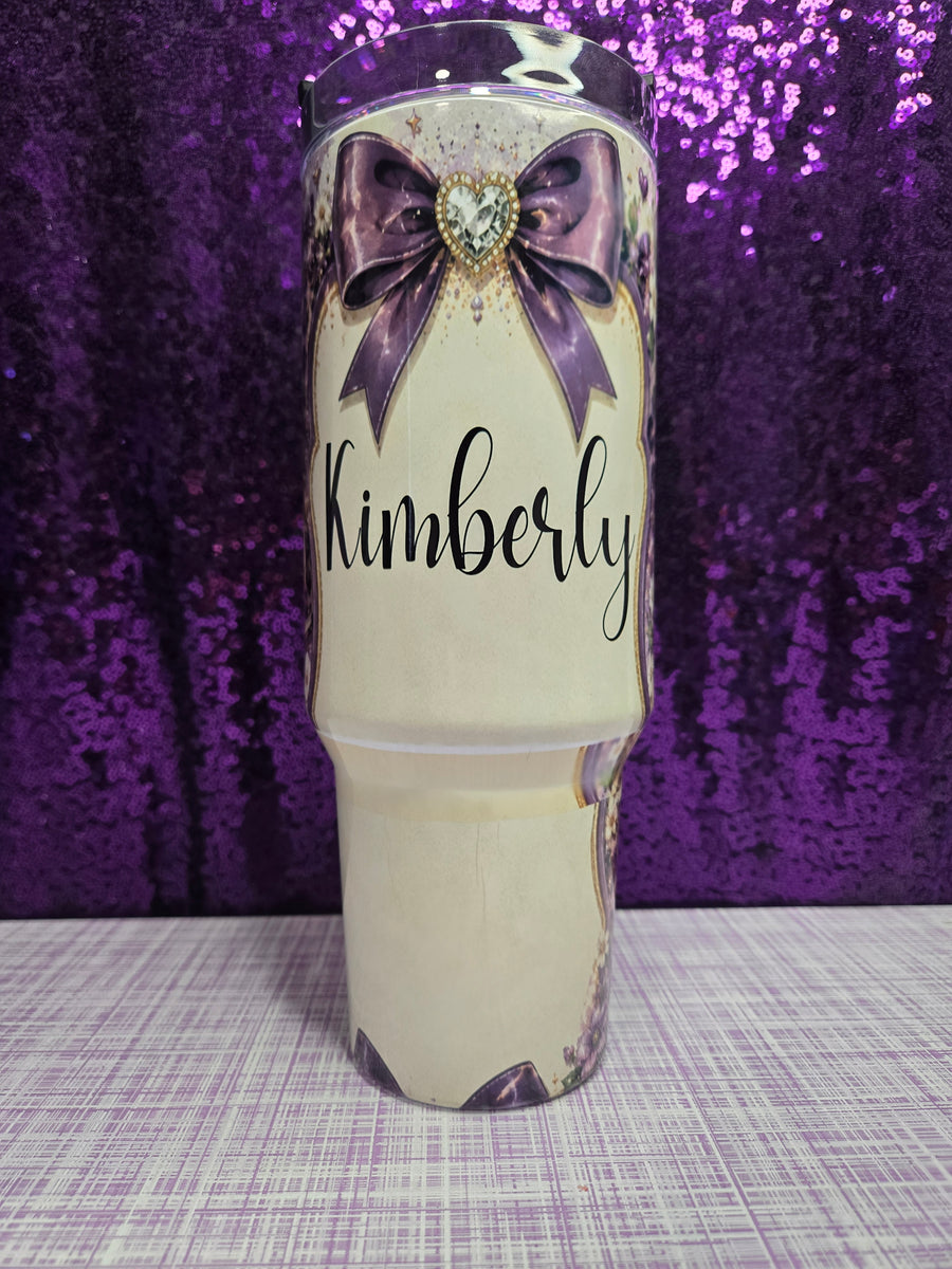 Custom Made-to-Order 40 oz Stainless Steel Tumbler showing custom 40oz tumbler with handle artwork with personalized stainless steel tumbler, insulated stainless steel tumbler