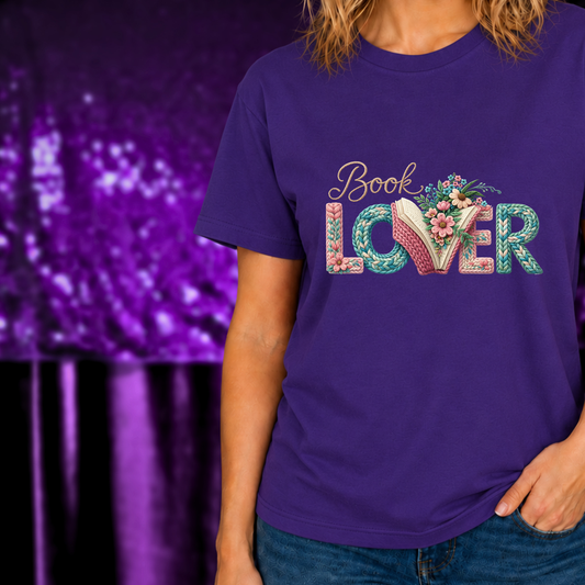 Book Lover Shirts | Floral Reader Tee Gift - Marie Gems with floral and book-themed lettering on purple fabric