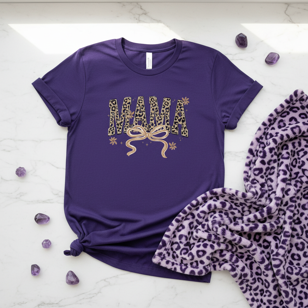 Leopard Mama Varsity Tee Gold shown in a front graphic design view