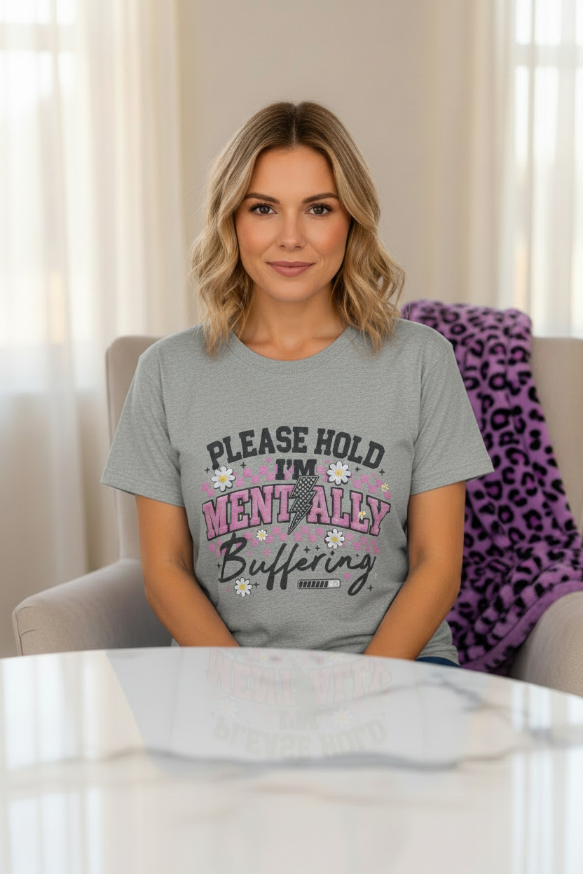 Funny mentally buffering graphic tee design close-up