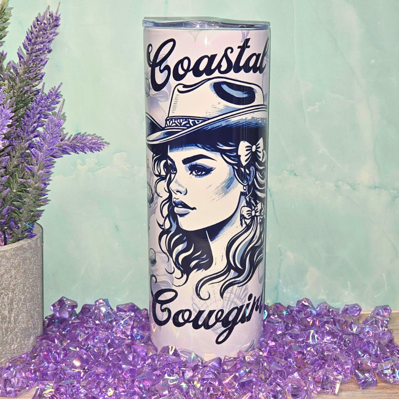 Coastal Cowgirl Tumbler 20 oz - Beachy Western Style Cup with Seashells and Bows