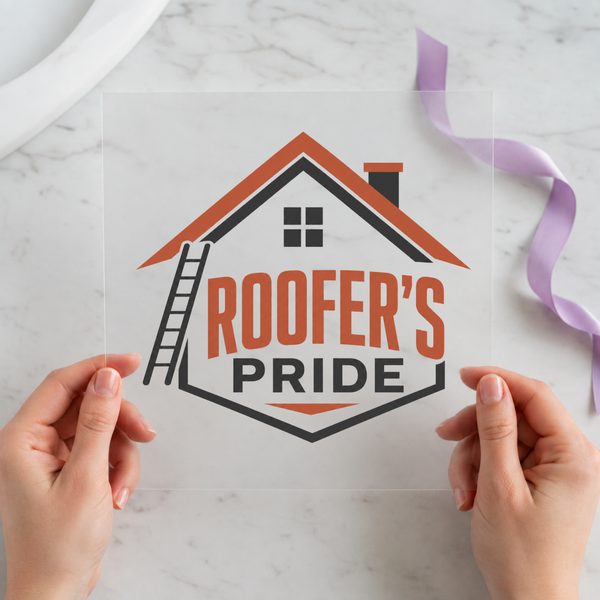 Roofer's Pride DTF transfer mockup with badge design for a roofer gift