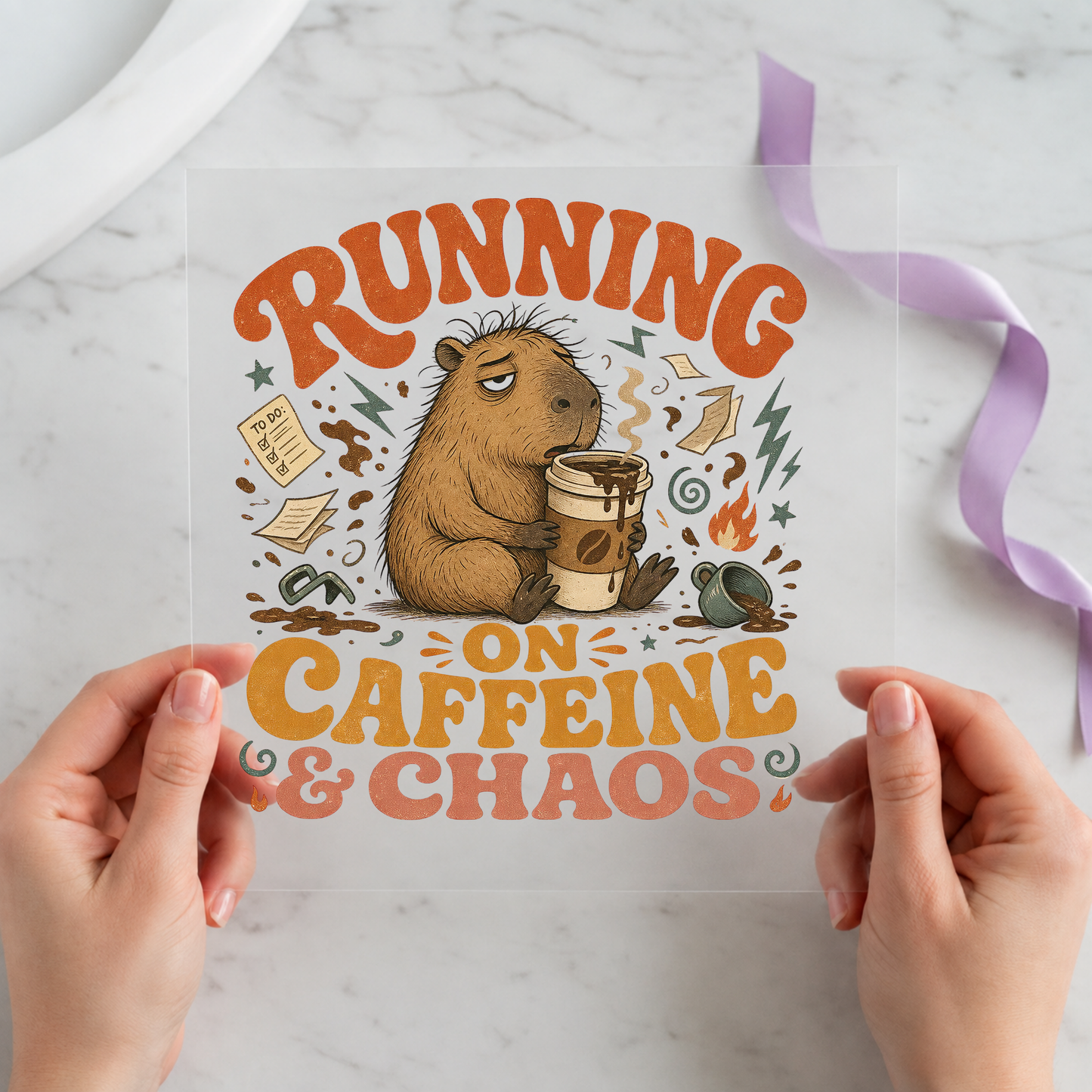 Running on Caffeine and Current individual product photo included in the Coffee Lover Curated Mix 6 five-pack DTF transfer bundle