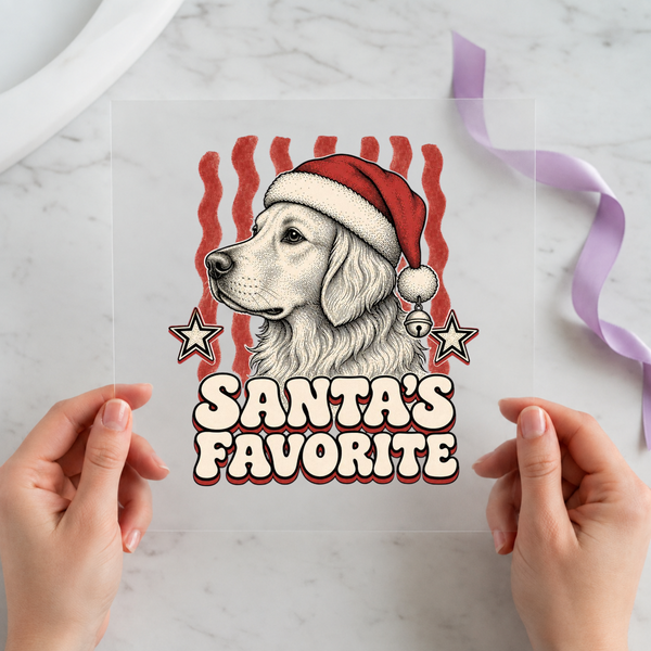 Santa's Favorite Golden Retriever individual product photo included in the Retro Christmas five-pack DTF transfer bundle