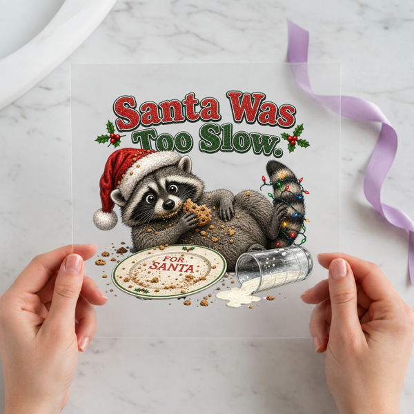 Santa Was Too Slow raccoon eating cookies Christmas DTF transfer design