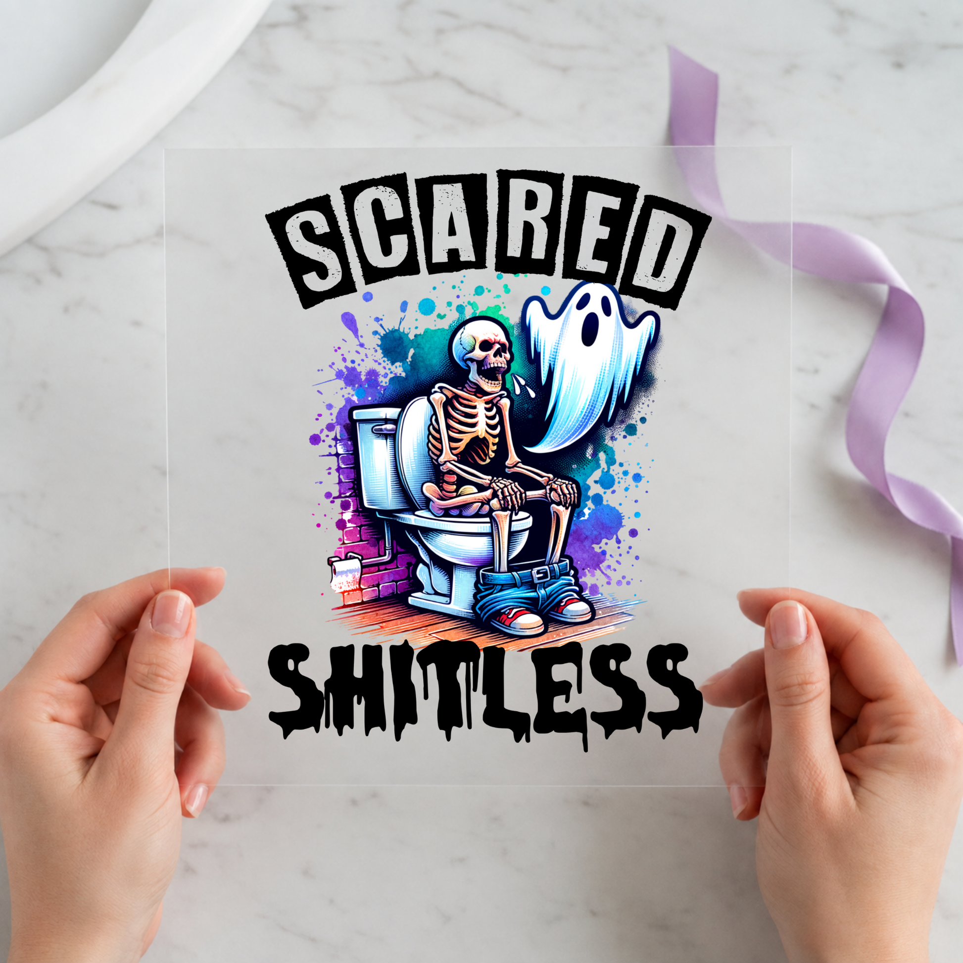 Scared Shitless Horror Parody 12 by 12 ready-to-press DTF heat transfer for a Halloween shirt