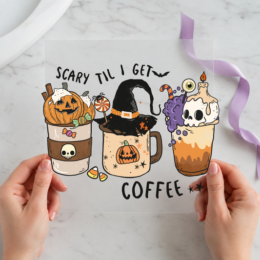Scary Till I Get Coffee individual product photo included in the Spooky Books & Coffee Volume 4 five-pack DTF transfer bundle
