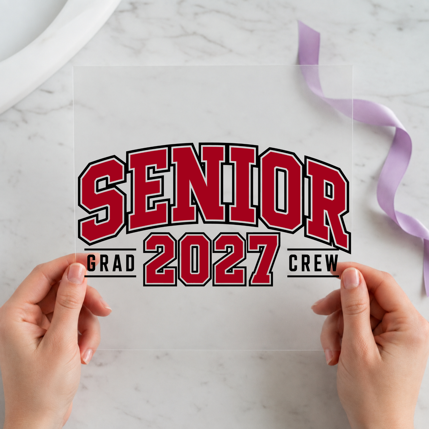 Senior 2027 Grad Crew featuring bold red, black and white Senior 2027 Grad Crew lettering on a 12x12 ready-to-press DTF heat transfer