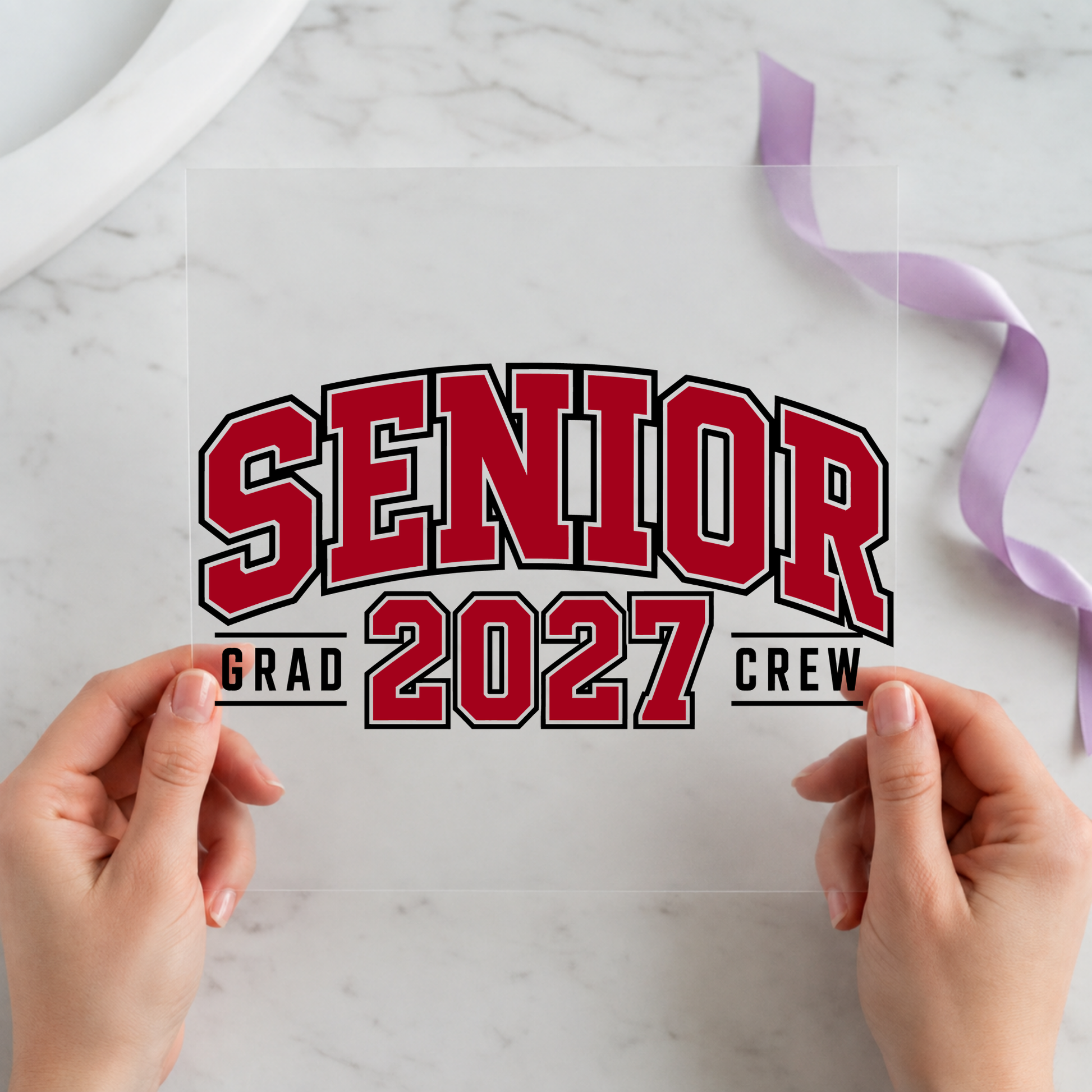 Senior 2027 Grad Crew featuring bold red, black and white Senior 2027 Grad Crew lettering on a 12x12 ready-to-press DTF heat transfer