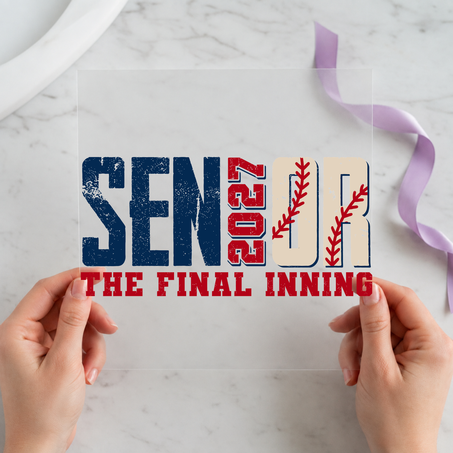 Senior 2027 The Final Inning Baseball featuring navy and red senior lettering with baseball bat and final inning quote on a 12x12 ready-to-press DTF heat transfer