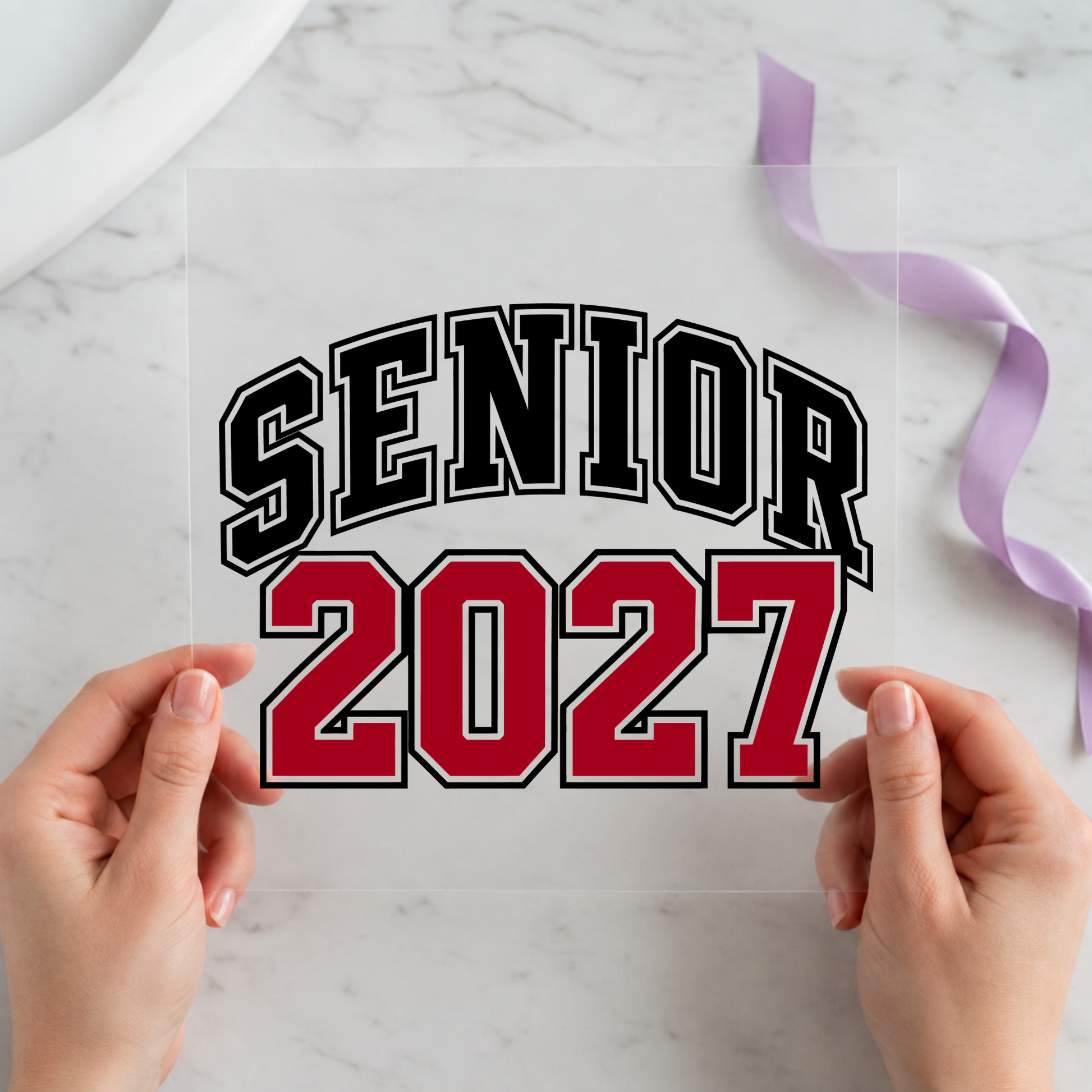 Senior 2027 Varsity Red Black featuring bold varsity SENIOR 2027 lettering in black, red and white on a 12x12 ready-to-press DTF heat transfer