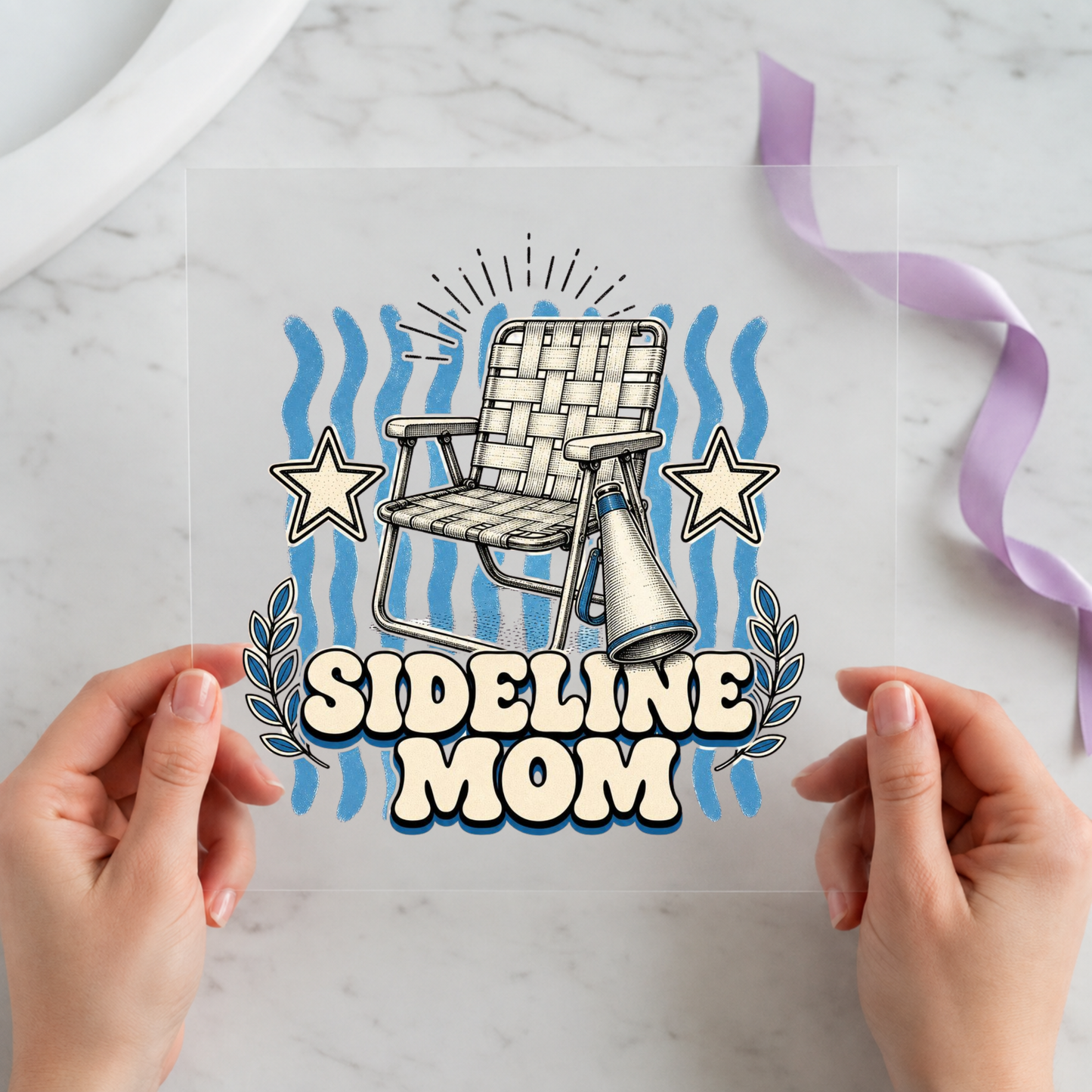 Sideline Mom Chair Megaphone individual product photo included in the Game Day Sports Mom five-pack DTF transfer bundle