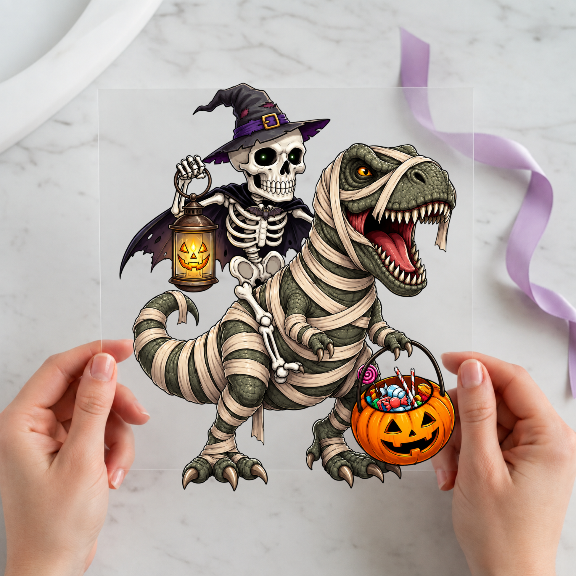 Skeleton Witch Riding a Dinosaur featuring witch skeleton riding a mummy-wrapped dinosaur with pumpkin bucket on a 12x12 ready-to-press DTF heat transfer