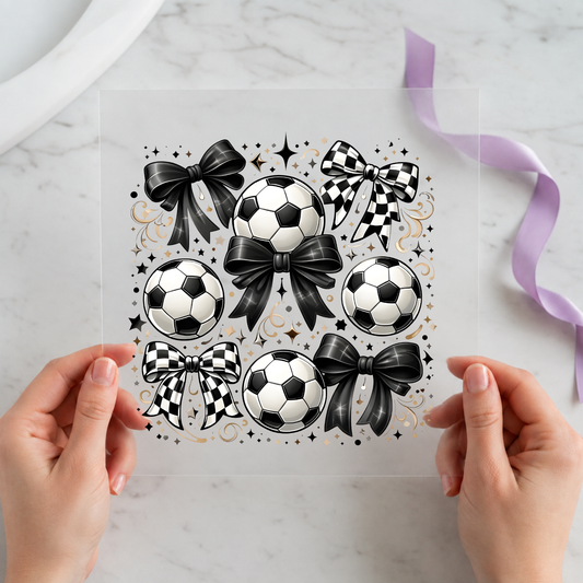Soccer Balls and Bows 12x12 Ready-to-Press DTF Transfer showing soccer balls and bows artwork with game day shirt, soccer shirt, sports shirt