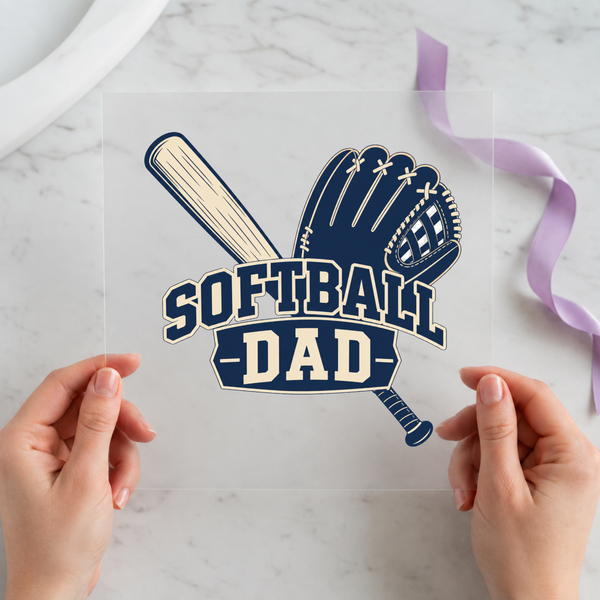 Softball Dad DTF transfer mockup with bat and glove design for a sports dad gift