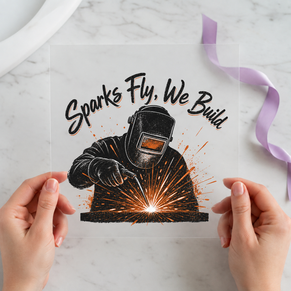 Sparks Fly We Build DTF transfer mockup with welder illustration for a welder gift