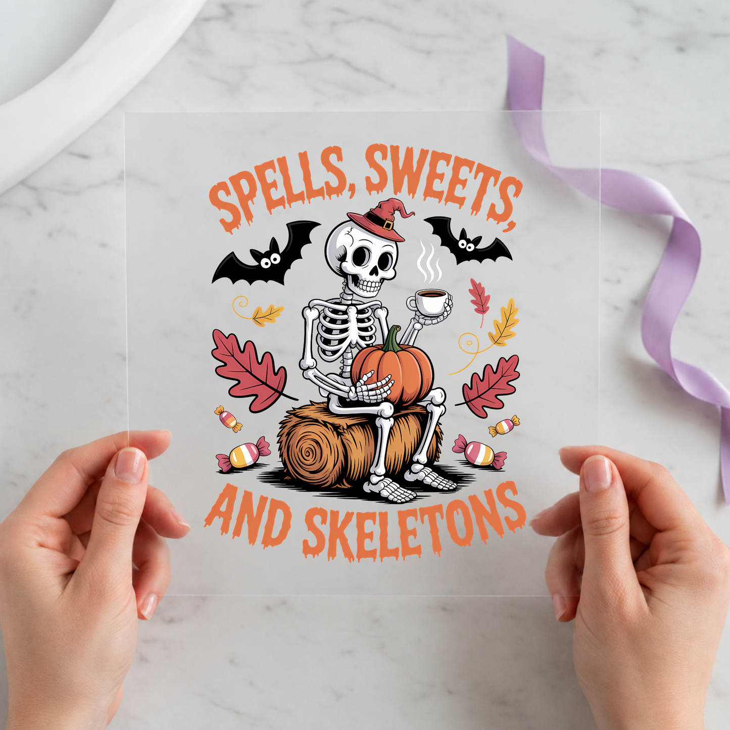 Spells Sweets and Skeletons 12 by 12 ready-to-press DTF heat transfer for a Halloween shirt