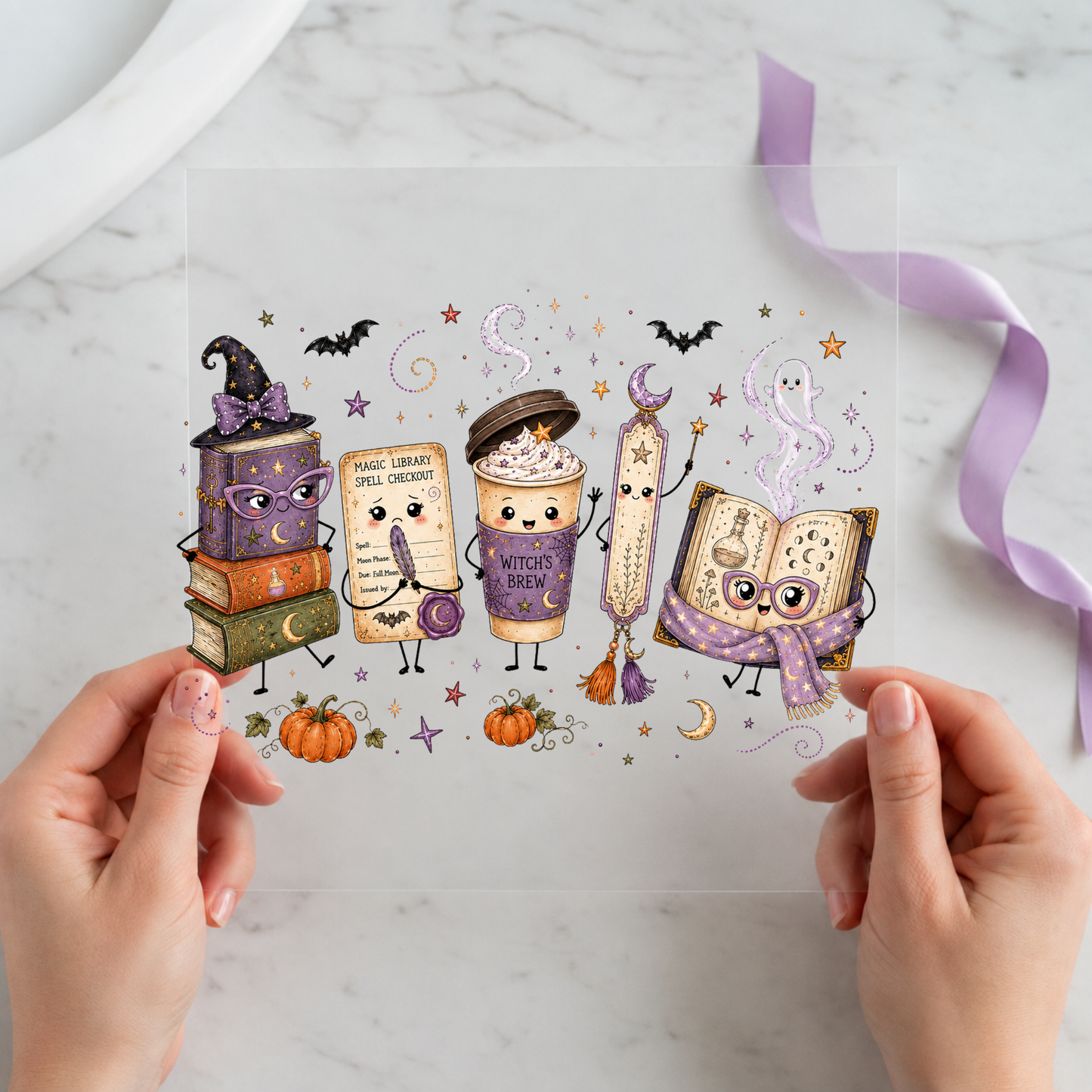 Spooky Book and Potion Crew featuring animated spell books, potion cup, candle and ghostly paper characters on a 12x12 ready-to-press DTF heat transfer