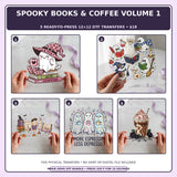 Spooky Books & Coffee Volume 1 five-pack 12x12 ready-to-press DTF transfer bundle collage showing all five included designs