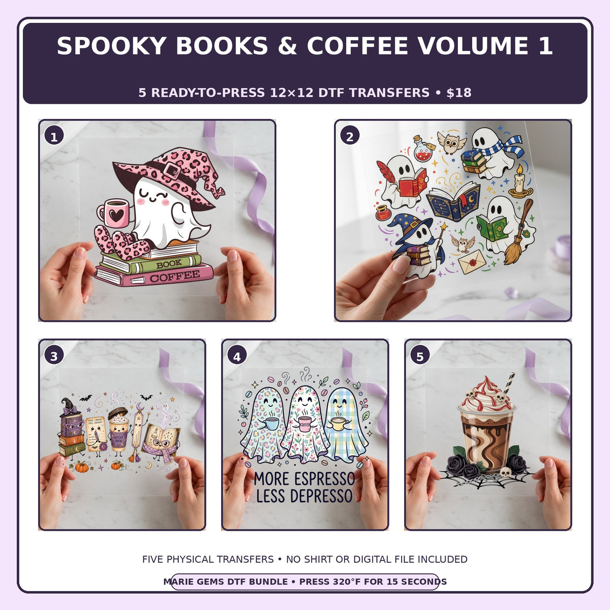 Spooky Books & Coffee Volume 1 five-pack 12x12 ready-to-press DTF transfer bundle collage showing all five included designs