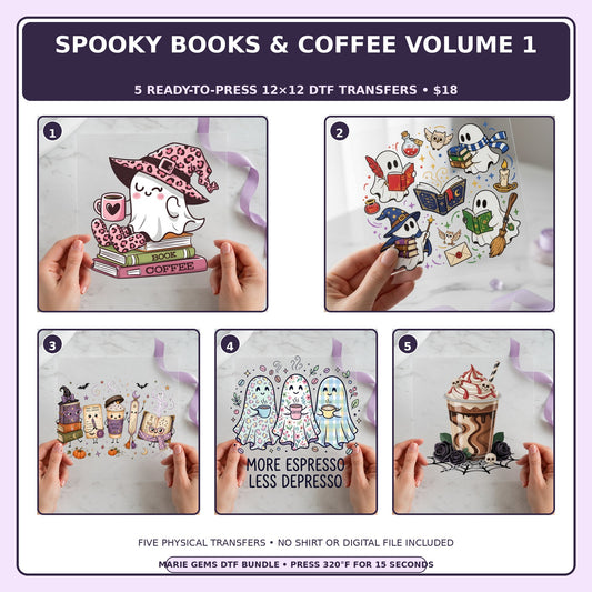 Spooky Books & Coffee Volume 1 five-pack 12x12 ready-to-press DTF transfer bundle collage showing all five included designs