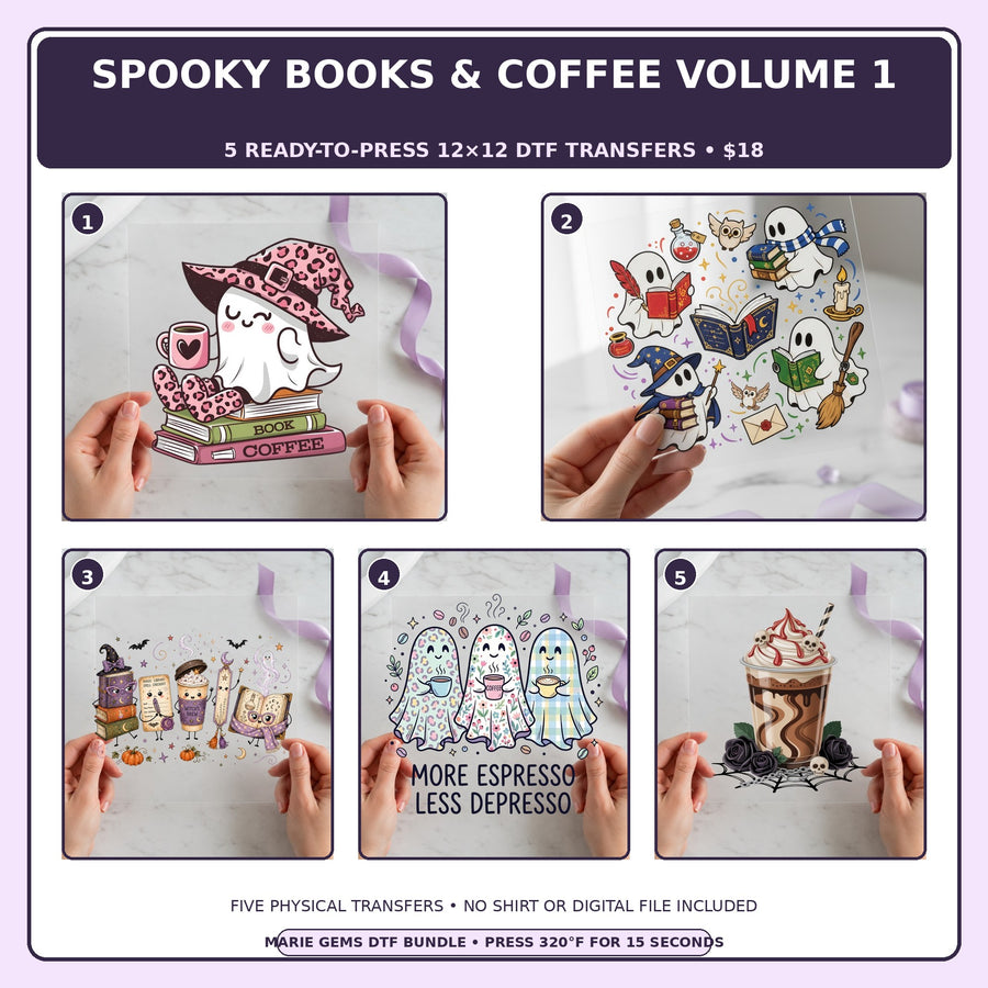 Spooky Books & Coffee Volume 1 five-pack 12x12 ready-to-press DTF transfer bundle collage showing all five included designs
