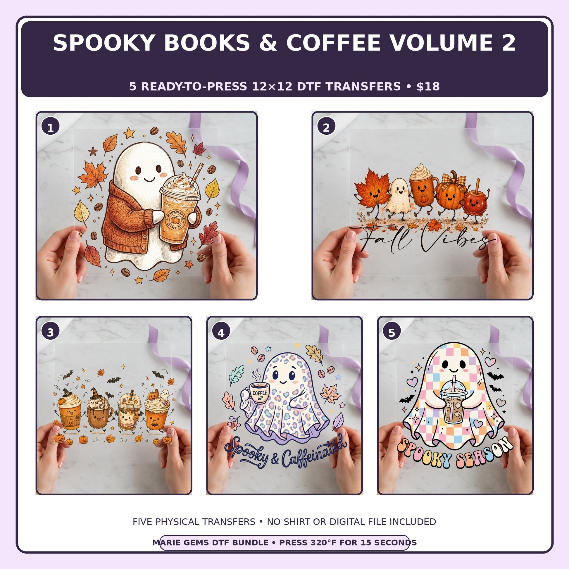 Spooky Books & Coffee Volume 2 five-pack 12x12 ready-to-press DTF transfer bundle collage showing all five included designs