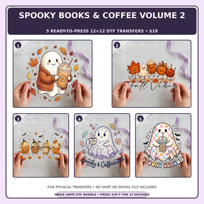Spooky Books & Coffee Volume 2 five-pack 12x12 ready-to-press DTF transfer bundle collage showing all five included designs