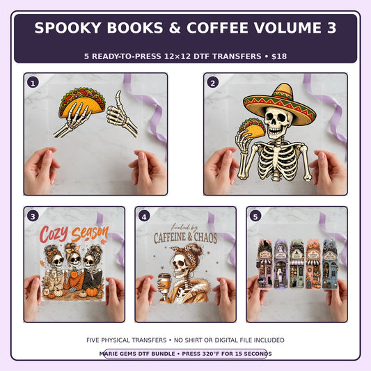 Spooky Books & Coffee Volume 3 five-pack 12x12 ready-to-press DTF transfer bundle collage showing all five included designs
