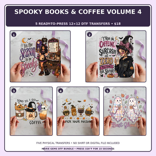 Spooky Books & Coffee Volume 4 five-pack 12x12 ready-to-press DTF transfer bundle collage showing all five included designs