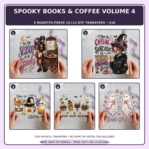 Spooky Books & Coffee Volume 4 five-pack 12x12 ready-to-press DTF transfer bundle collage showing all five included designs