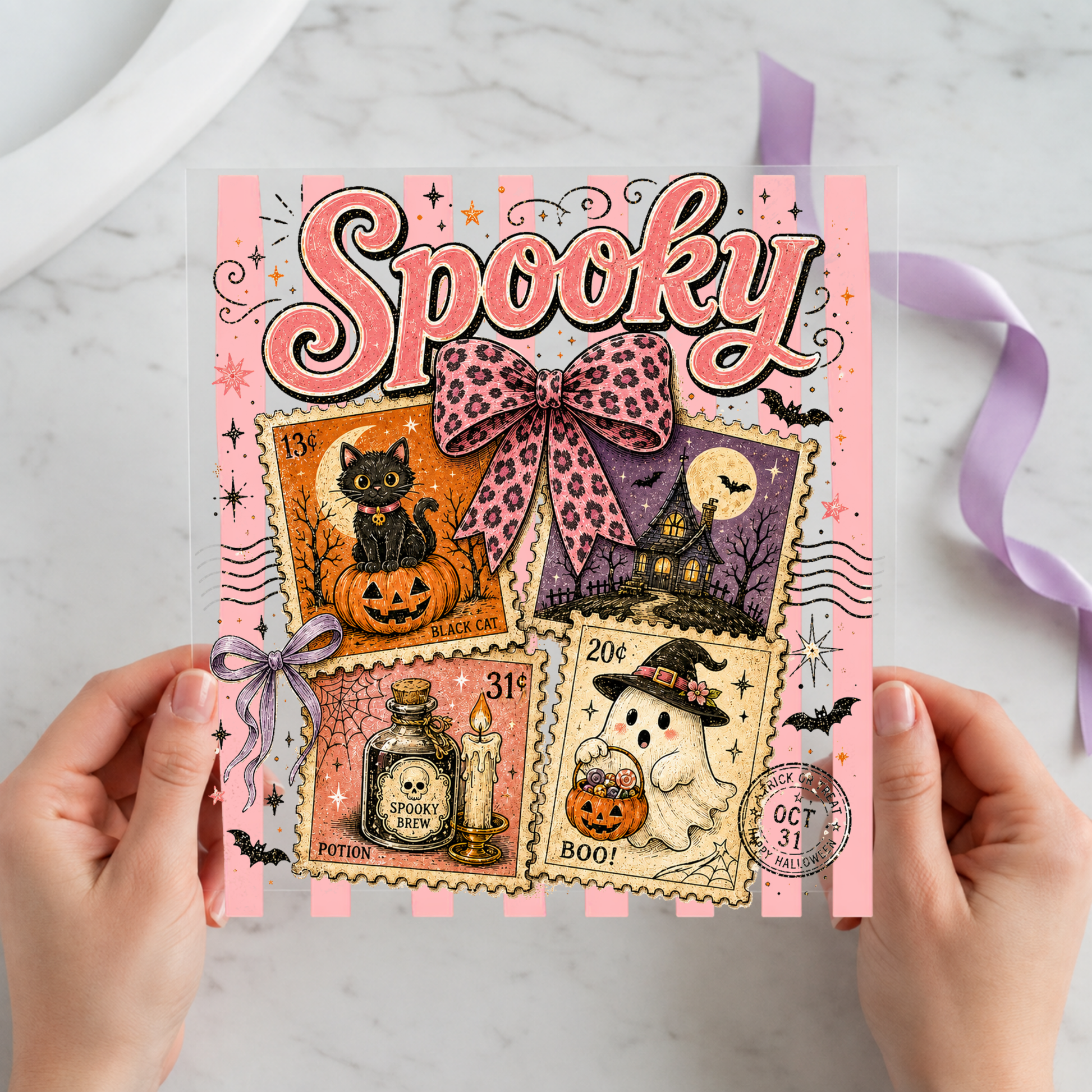 Spooky Coquette Bow Collage featuring pink bow, black cat, ghosts, potions, postage stamps and Halloween ephemera on a 12x12 ready-to-press DTF heat transfer