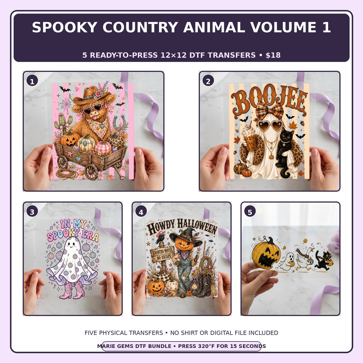 Spooky Country Animal Volume 1 five-pack 12x12 ready-to-press DTF transfer bundle collage showing all five included designs